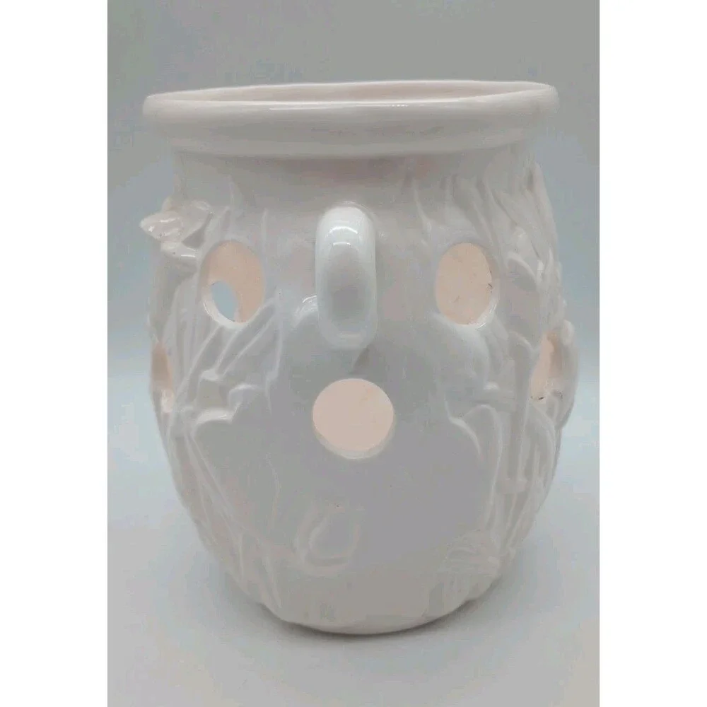 Vtg Spring Bulb Planter Crocus Handled Porcelain White